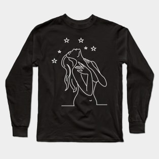 One Line Art Woman with Stars Long Sleeve T-Shirt